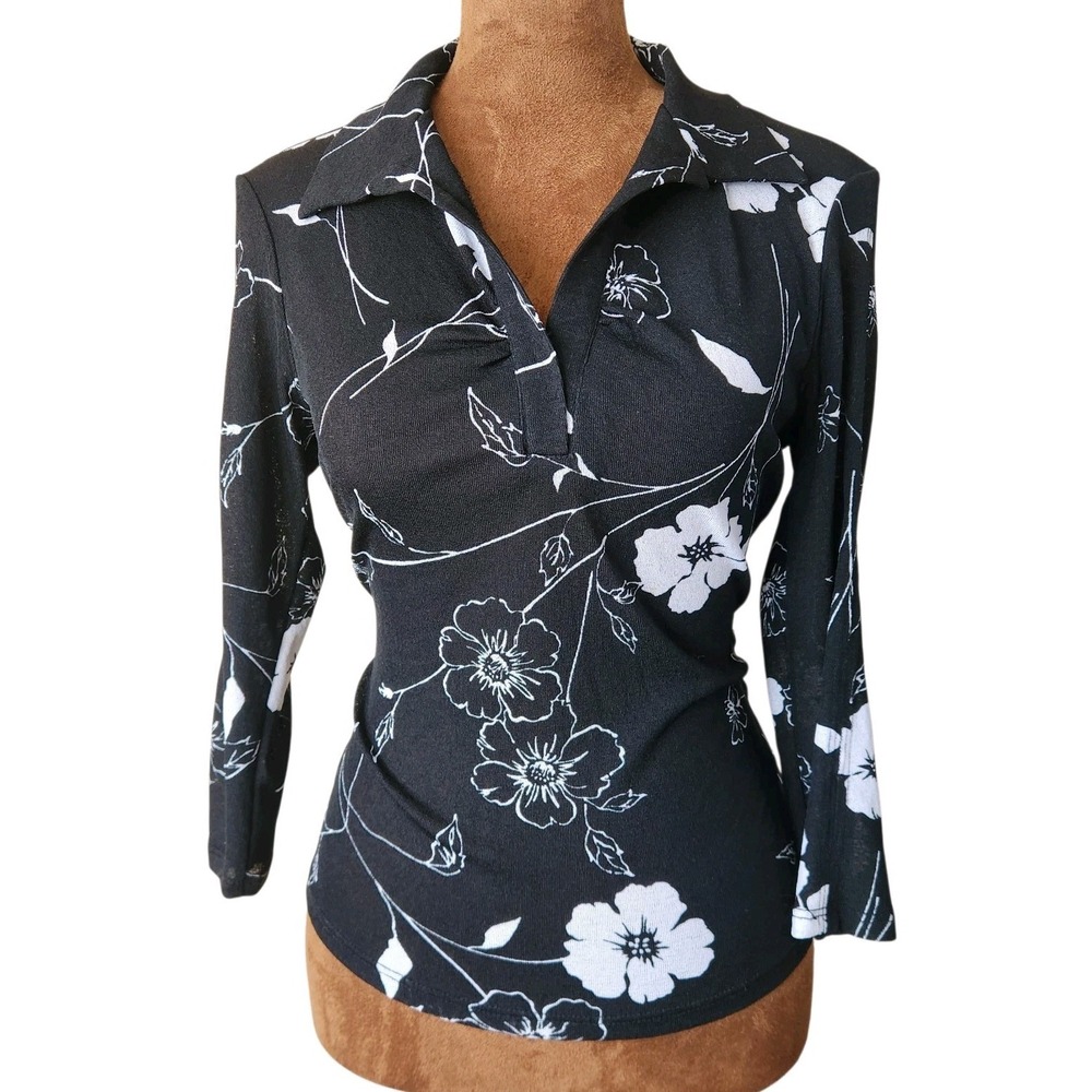 VTG PS Perseption Top Black White Floral Mesh Sheer Y2K‎ 90s Stretch Collared